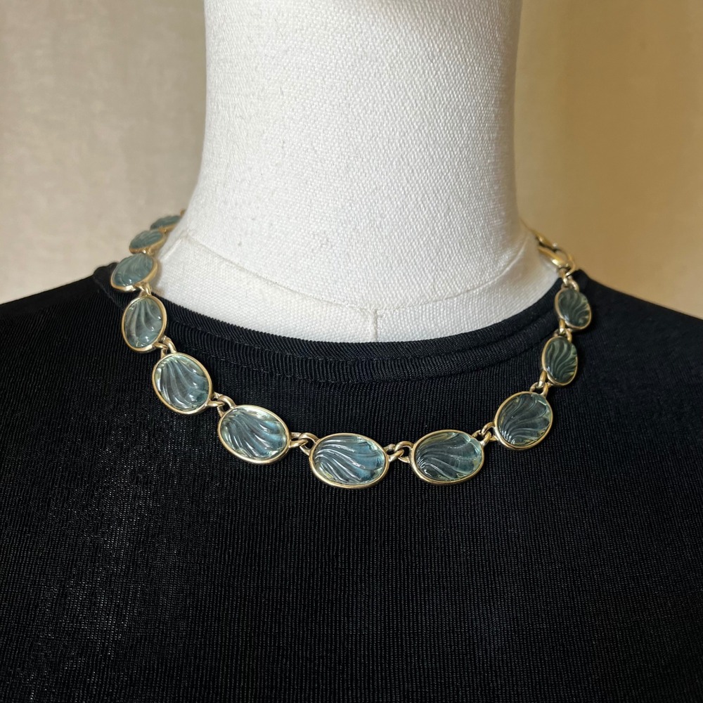 Vintage Teal Lucite Cabochon‎ Necklace Gold Tone Chain Statement 16-18"